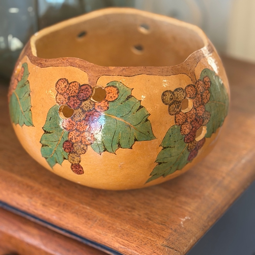 Vintage Hand Painted Gourd | Decorative Planter. Scalloped | Leaf Berry Design.